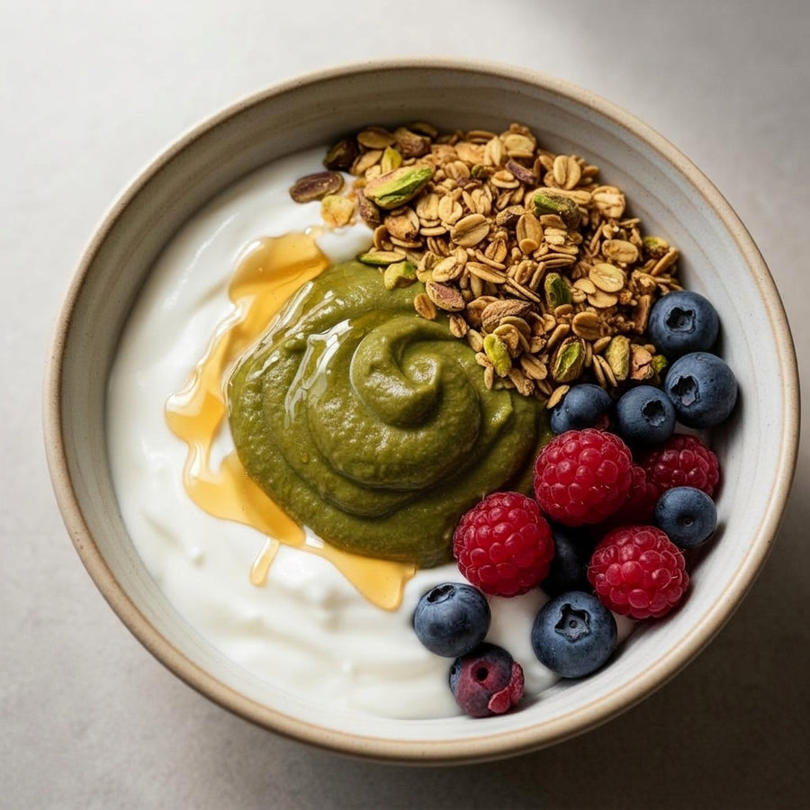 Yogur griego con pistacho, miel y granola